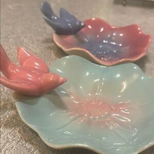 Small antique Royal Copley bird dishes with a bird bowl.